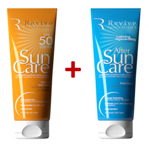 ПРОМО Комплект слънцезащитен лосион SPF 50 + успокояващ лосион за след слънце с екстракт от охлюви – Revive Snails Extract